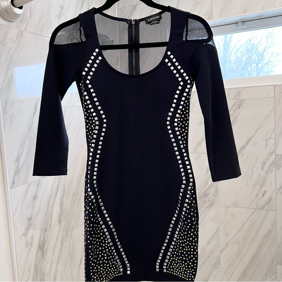 BEBE Silver + Gold Studded Mesh Bodycon Dress - Picture 8 of 13